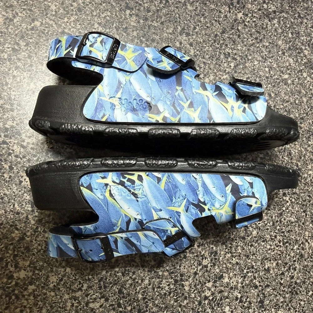 Birki's Birkenstock Sandals 34 Blue Fish Print EVA Double Strap Haiti Kids 3-3.5
